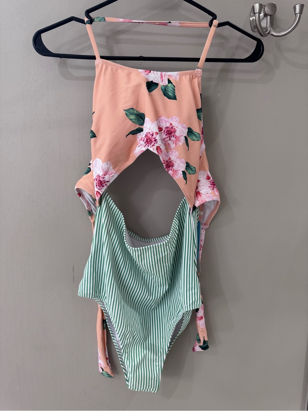 Women’s Peach Floral & Green Stripe One-Piece Swimsuit NWT